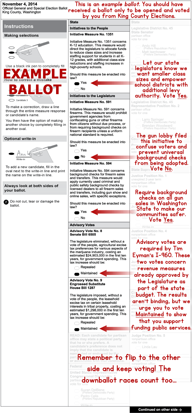 This is an example ballot showing how to vote on I-1351, I-591, I-594, and Advisory Votes 8 and 9 on the 2014 Washington State ballot. Use a browser capable of displaying images if you cannot see anything.